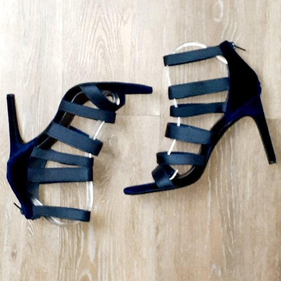 Ann Marino Navy Blue Suede 4'" open toe heels - Picture 4 of 5